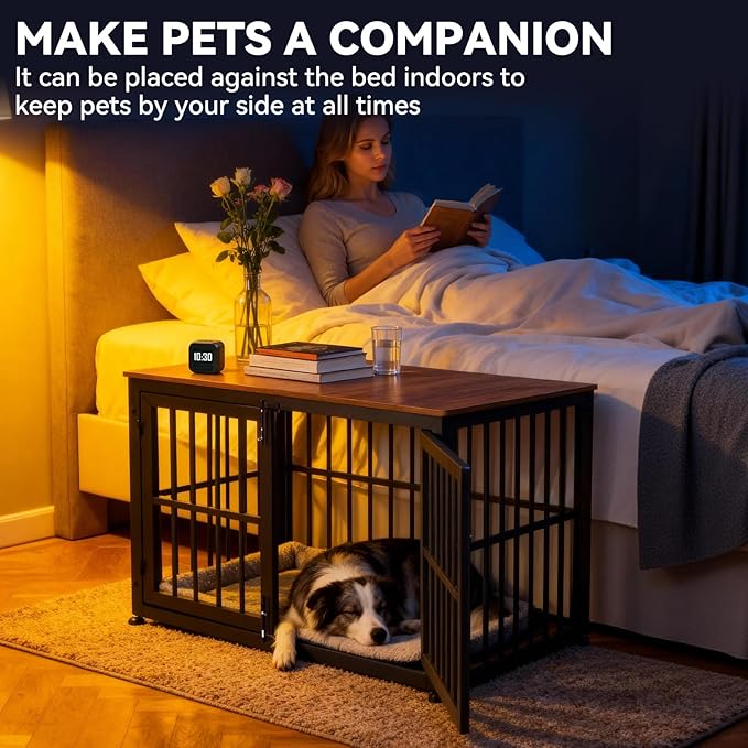 Oranland 42 Inch Heavy Duty Dog Crate Furniture,Dog Kennel Furniture Indoor for Large and Medium Dogs,Decorative Pet House End Table, 0.8 Inch Steel Tubes Wooden Cage/Max Load Capacity 300lbs/Black