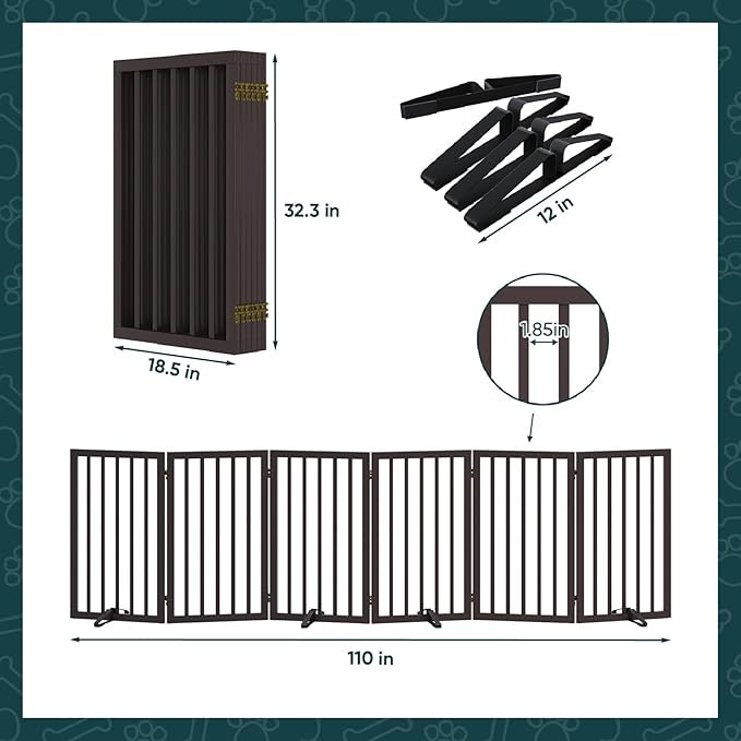 Semiocthome Freestanding Dog Gate Indoor 32" Tall, 6-Panel Wooden Dog Gates for Doorways Stairs, Foldable Pet Gate Safety Fences Indoor (110" W,Espresso)
