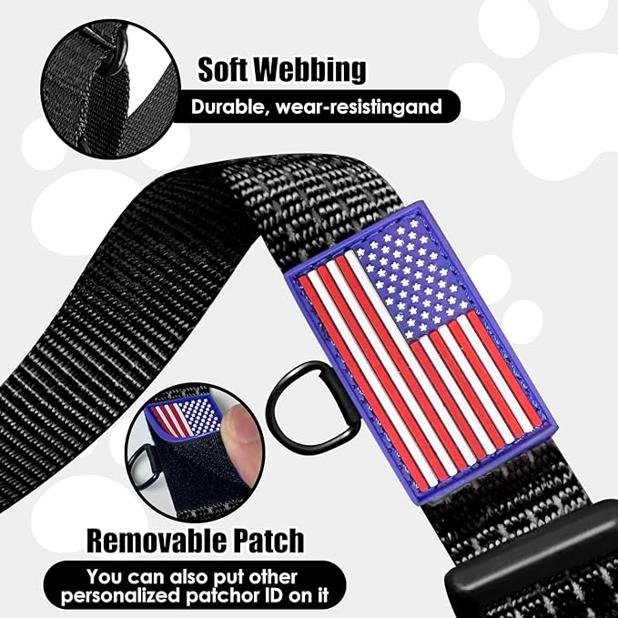 Martingale Dog Collar, Reflective No Pull Training Collar with Quick Release Buckle & USA Flag, Heavy-Duty Nylon, Adjustable for Small Medium Large Dogs (M,Black with Flag
