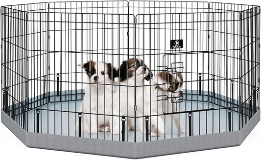 PJYuCien Dog Playpen with Bottom Pad - Metal Foldable Exercise Pen, 8 Panels 24" H x 24" W Indoor Outdoor Pet Fence Puppy Crate Kennel, Gray