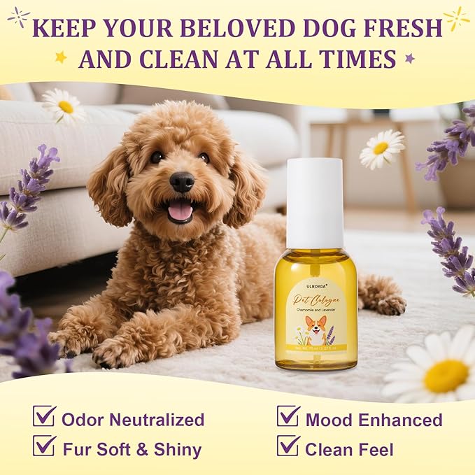 Calming Pet Cologne Spray, Lavender & Chamomile Dog Perfume, Soothing Grooming for Dogs and Cats, Anxiety Relief, Alcohol-Free Sensitive Skin Formula, Between Baths Freshener, 2.37 fl oz