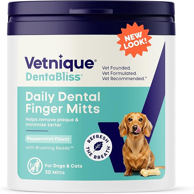 Vetnique Dentabliss - Dog Teeth Cleaning Finger Mitt Dental Wipe - Dog Plaque & Tartar Prevention with Brushing Beads - Flavored Dog Teeth Wipes, Dog Breath Freshener (Peppermint)