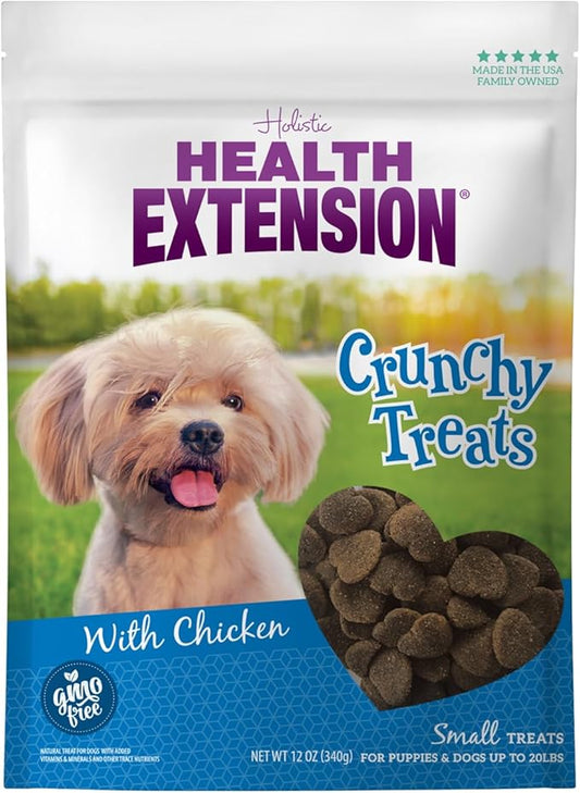 Health Extension Heart-Shaped Crunchy Biscuits, 12oz (340g) – Chicken Flavor, GMO-Free Dog Training Treats for Small Breeds, Added Vitamins & Minerals