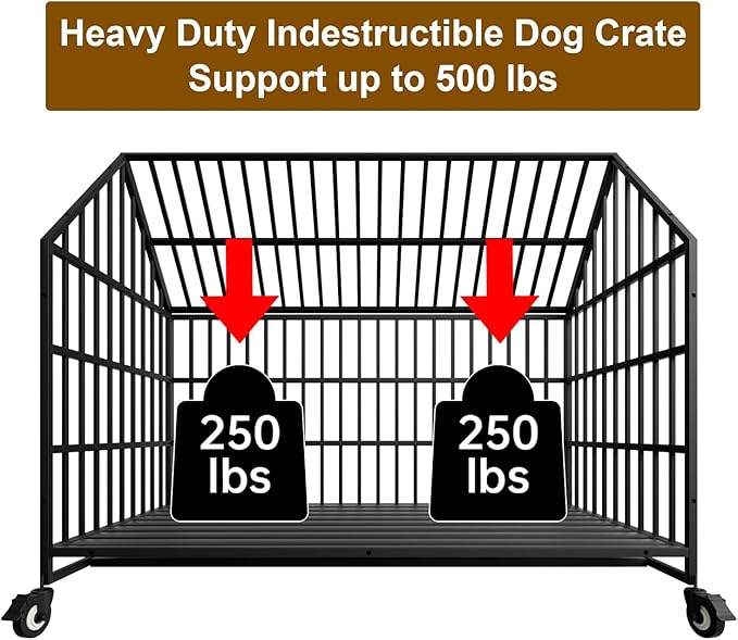 54 inch Indestructible Heavy Duty Dog Crate with 2 Bowls, Escape-Proof Indoor Impact Dog Cage for Large Giant Dogs, High Anxiety Pet Kennel with 2 Trays, 4 Wheels, 4 Locks and Double Door, XL XXL