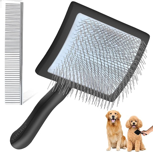 Dog Slicker Brush for Goldendoodles, Poodles & Long Haired Dogs - Long Pin Doodle Brush & Pet Comb Kit Removes Tangles Loose & Knots, Professional Grooming Tools with Wooden Handle, Black