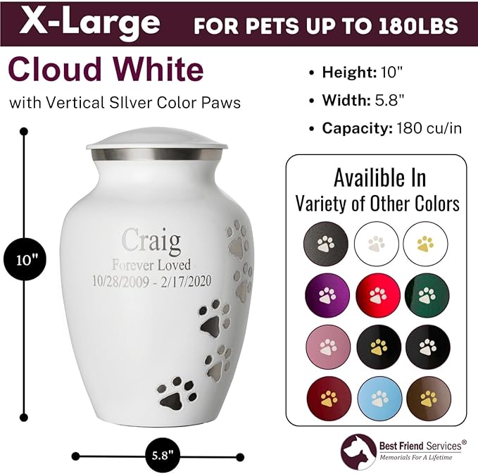 Ottillie Paws Premier Series Pet Urn for Dogs with Personalized Laser Engraving (X-Large - Pets up to 170 lbs, Cloud White with Vertical Pewter Paws)