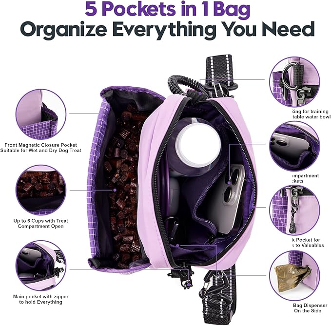Dog Treat Pouch – Large Capacity with Magnetic Closure, Dog Walking Fanny Pack Built-in Poop Bag Dispenser, Clicker & Collapsible Bowl for Training & Walking - Purple