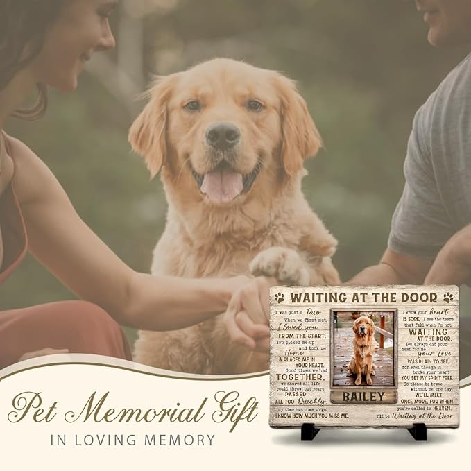 Dog Memorial Stone - Wait at The Door Personalized Stones in Memory of Beloved Dogs, Pets - Remembrance Dog Memorial Plaque with Custom Photo & Name - Bereavement Gift
