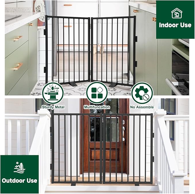 Snagle Paw Full Metal Freestanding Dog Gate,Indoor Pet Gate with Floor Protect Support Feet, 40x32Inches Foldable Dog Fence for Stairs, Hallways and Doorways (32'' H 2 Panel, Black