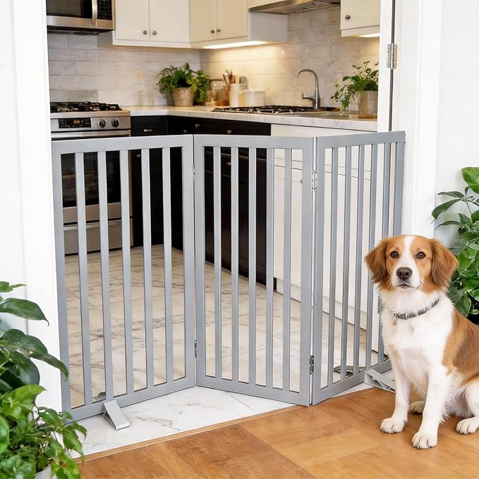 Dog Gate Indoor, Freestanding Dog Fence for The House, Doorways, Hallways,or Stairs,Pet Gate Foldable Wooden,Expandable 32" Height 3 Panels,Grey