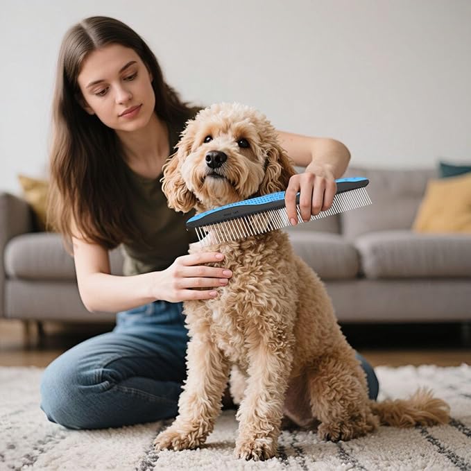 Dog Flea Comb for Small Dogs - Metal Flea and Tick Comb with Rubber Handle, Dematting Comb for Cats and Dogs, Professional Pet Grooming Tool for Long Haired Pets