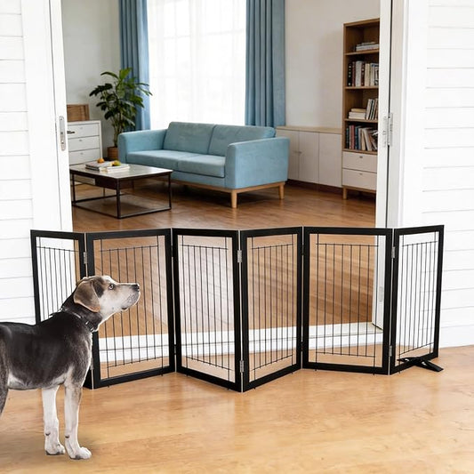 ZJSF Freestanding Dog Gate Indoor, Foldable Dog Fence for Doorways,Hallways or Stairs, Sturdy Wood Extra Wide Pet Gate with Support Feet,Black,32 "Height-6 Panels