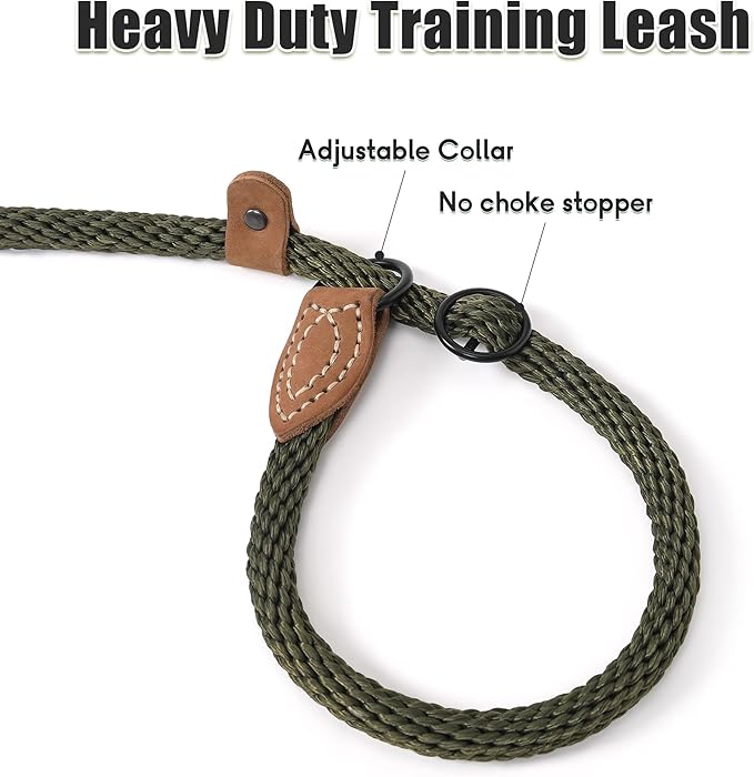 Mile High Life Slip Leads for Dogs | Heavy Duty Dog Training Leash | 5 Feet No Pull Slip Leashes w Leather Tip | Dark Green Rope Lead for Dogs Outside