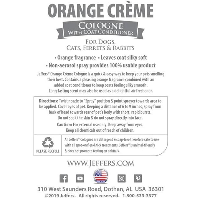Jeffers Pet Cologne Spray with Coat Conditioner for Dogs & Cats, 16 oz - Detergent & Soap Free Grooming Fragrance Mist, Coat Deodorizer, Freshener, Safe for Pets, Salon, Home Use - Orange Creme