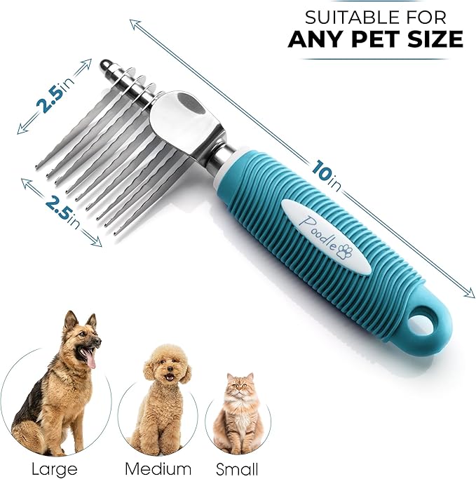 Poodle Pet Bundle - Dematting Fur Rake Comb Brush Tool with Steel Safety Blades and Detangling Pet Comb with Long and Short Stainless Steel Teeth for Detangling Matted or Knotted Undercoat Hair (Blue)