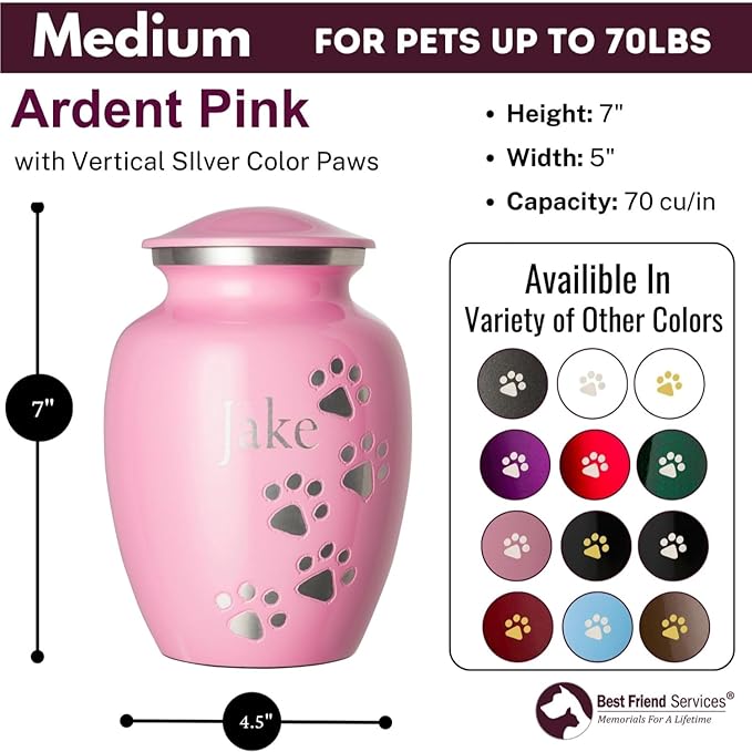Ottillie Paws Premier Series Pet Urn for Dogs with Personalized Laser Engraving (Medium - Pets up to 65 lbs, Ardent Pink with Vertical Pewter Paws)