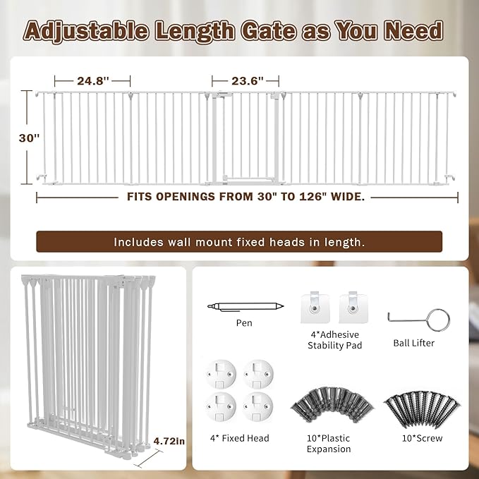 Mumeasy 126" Extra Wide Baby Gate for Doorways, Stairs & Fireplace, Auto Close Safety Dog & Pet Gate with Walk Thru Door, Childproof Fence for Hallway Kitchen House Indoor Outdoor,5 Metal Panels,White