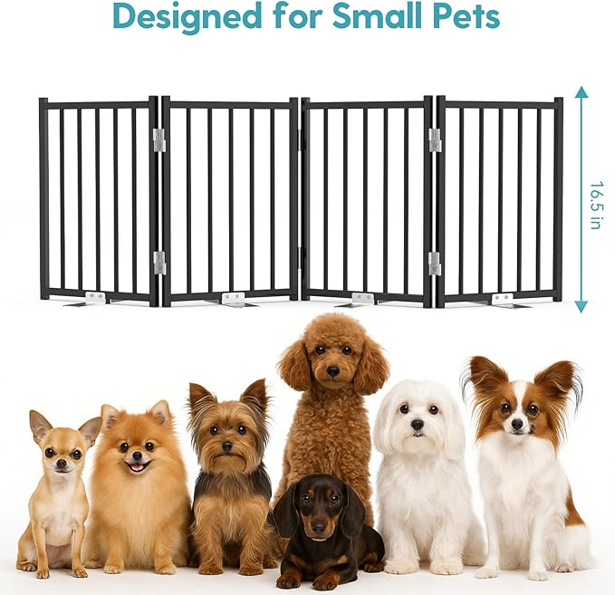 No Pawblems Free Standing Short Dog Gate, 16.5'' Tall Foldable Dog Fence for Indoor & Outdoor, Up to 36 Inch Extra Wide Puppy Gate for Stairs, Hallways, Doorways, Deck, Yard (Black, 3 Panels)