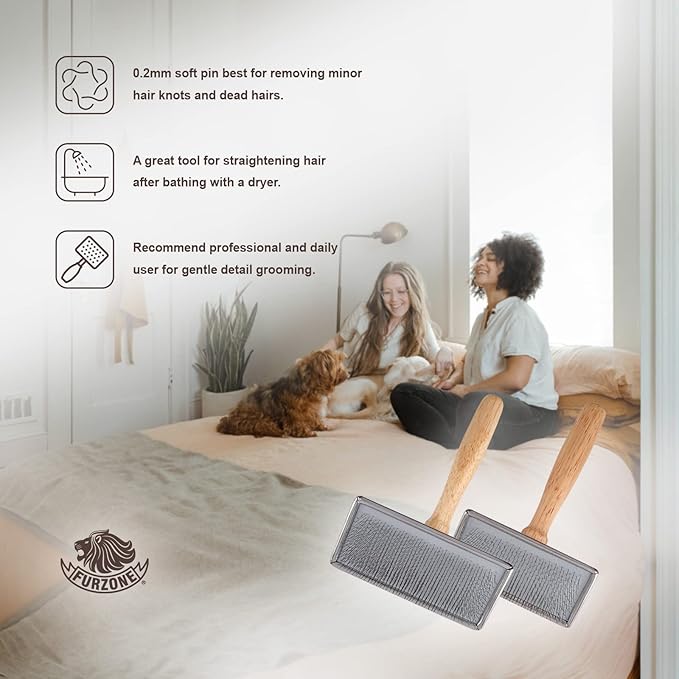 Furzone Wooden Slicker Brush - Stainless Steel Soft Pins for Pet Grooming (Size M)