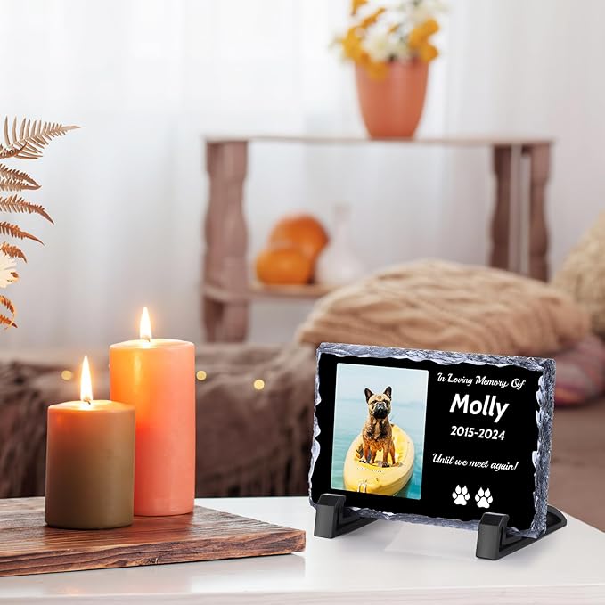 Pet Memorial Stones for Dogs, Dog Memorial Stone Outdoor, Pet Headstones for Dogs, Memorial Gifts for Loss of Dog, Custom Stone Picture Frame Plaque with Name/Text