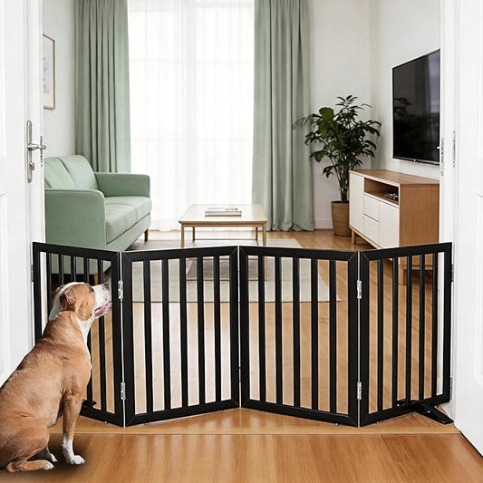 ZJSF Freestanding Indoor Dog Gate for House Foldable Wood Puppy Gate for Doorways Pet Gate for Stairs Extra Wide Pet Fence, Black, 24" Height 4 Panels