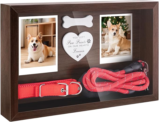 Dog Memorial Gifts for Loss of Dog, Pet Memorial Dog Picture Frame 13" Wooden Shadow Box Display with Collar & Leasd Holder, Sympathy Gift for Loss of Dog/Cat, Wall Hanging & Tabletop(Brown)