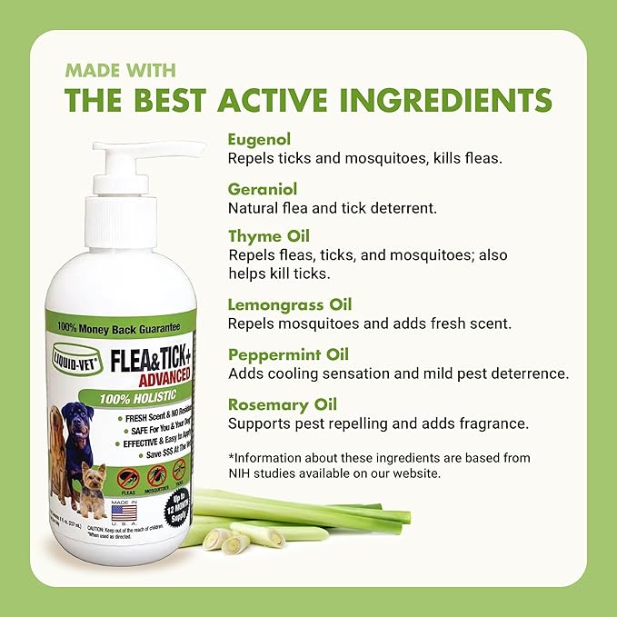 Natural Flea and Tick Topical Treatment, Repels Fleas Ticks and Mosquitoes, Quick-Dry No Residue, All Food-Grade Ingredients, 8 oz