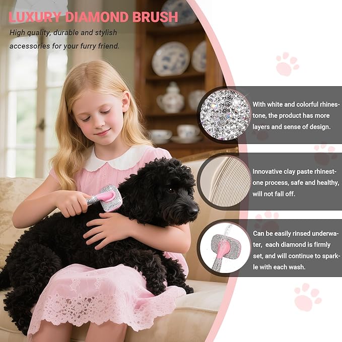 Pet Grooming Brush with Ceramic Clay Craft & Diamond-Embedded Design - Washable, 360° Rotating Head for Dogs/Cats.Large 16x10cm