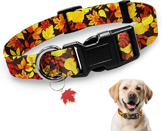 Kazazoo Dog Collar Cute and Soft Nylon Puppy Collar for Boy and Girl, Adjustable Dog Collars for Medium Large Dogs, Maple Leaf-L