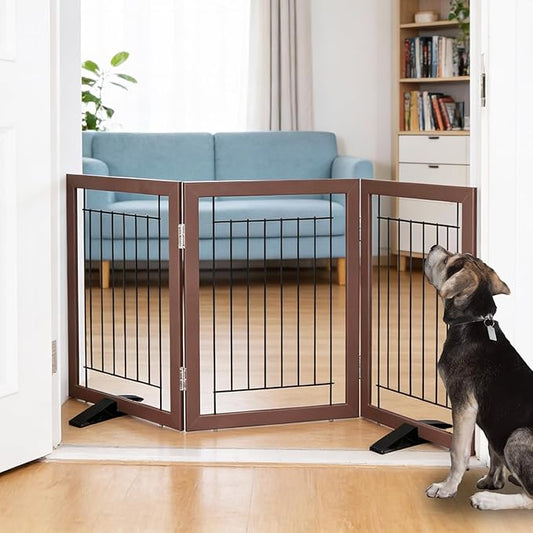 ZJSF Freestanding Dog Gate Indoor, Foldable Dog Fence for Doorways,Hallways or Stairs, Sturdy Wood Extra Wide Pet Gate with Support Feet,Brown,24 "Height-3 Panels