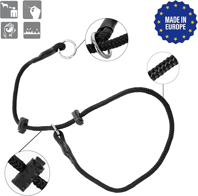 Dingo Gear Dog Choke Collar Hand Sewn Strong Polypropylene Braided Cord Two Limiters Waterproof Choker for K9 Training IGP Agitation Bite Work Obedience L - Black (S04049)