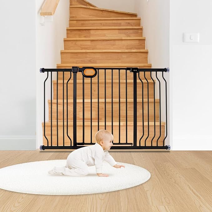 owlie Baby Gate for Stairs 29-52 Inch Wide, Safety Gate for Baby Adjustable Pet Gate with Door Pressure Mounted Gates for Kids Toddler Dogs Extension Kit Indoor Stairway Doorway Black (30.5'' Tall)