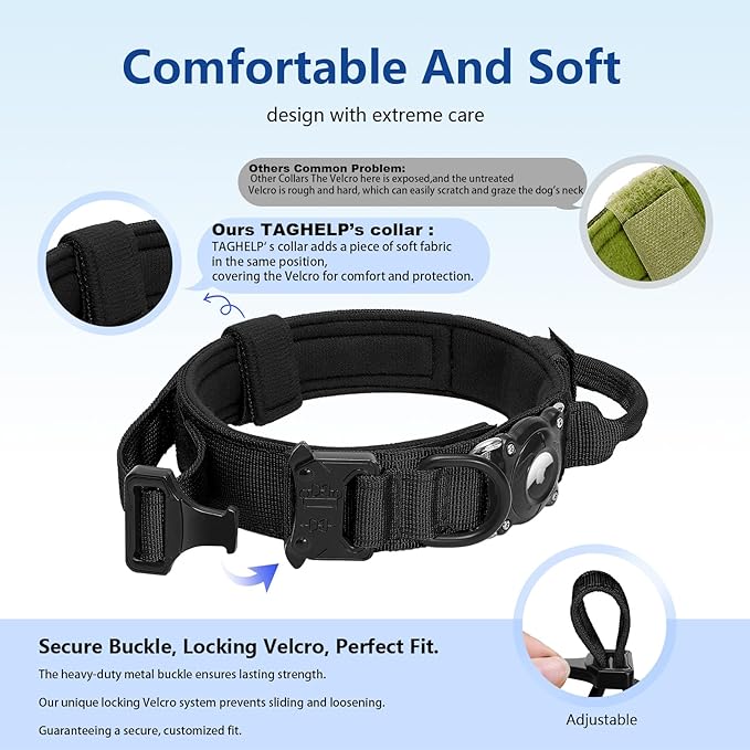 Tactical AirTag Dog Collar with Waterproof Holder(1st/2nd Generation) | Military-Grade Adjustable Collar, Comfortable Control Handle & Metal Buckle for Medium Dogs，Smart QR ID tag (Purple, M)