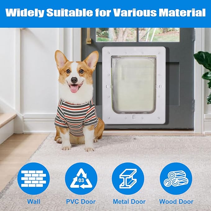 Pet Door, Durable Plastic Dog Door, 16.7”x 11.7'' Inner Frame for Large Dog and Pets, Easy DIY Installation, Suitable for Interior and Exterior Doors, Screen and Wall, White Doggie Door
