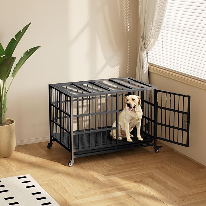 48Inch Heavy Duty Dog Crate, Rust Resistant Folding Metal XXXL Widened Base Dog Kennel, Upgraded Latch, Removable Tray, and Wheels with Brakes, Suitable for Medium to Extra-Large Dog