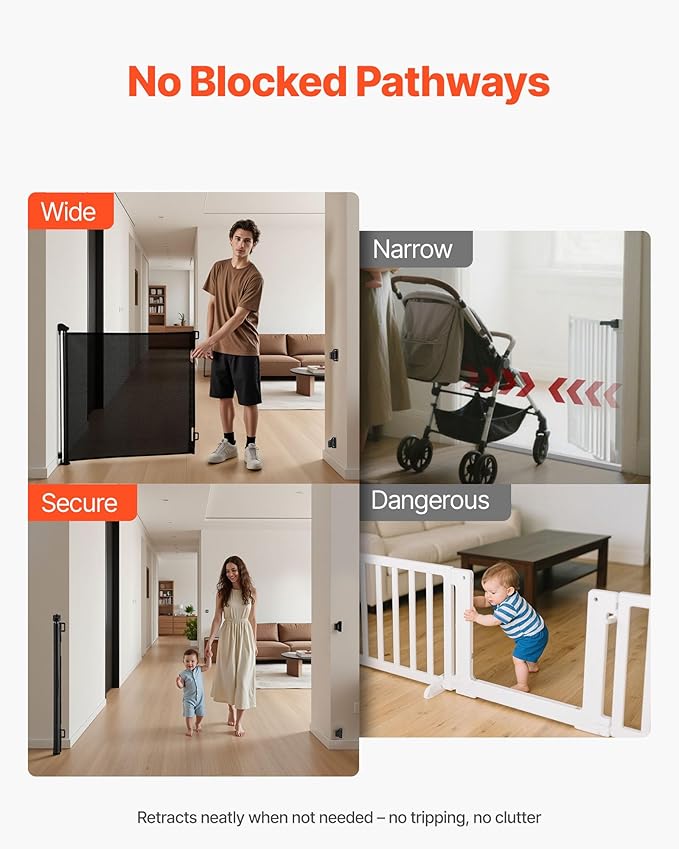 VEVOR Retractable Baby Gate, Extends to 57 inch Wide, 38.5 inch Tall, with Security Lock, Easy to Use, Walk Through Without Tripping, Mesh Dog Gate for Stairs, Hallways, Indoor/Outdoor, Black