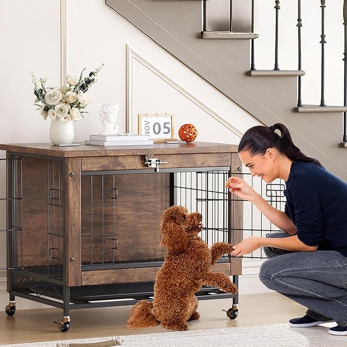 26" Inch Dog Crate Furniture, Small to Medium Pet Cage with Double Doors and Wheels, Chew-Resistant Wooden Indoor Dog House, Kennel Side End Table for Bedroom & Living Room, Rustic Brown
