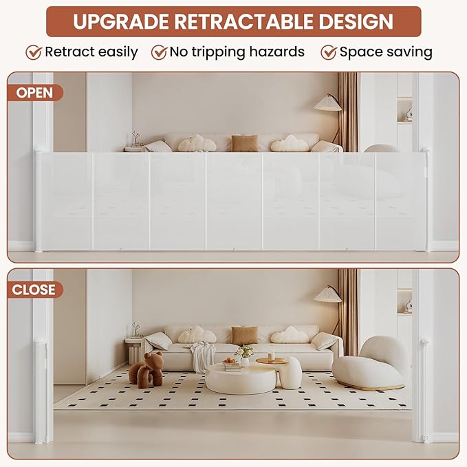 Upgrade Retractable Baby Gates Extra Wide(71" W x 42" H), 71 inch Reinforced Retractable Dog Gate to Prevent Crawling Through, Retractable Gate Outdoor/Indoor, Real One-Handed Operation, White