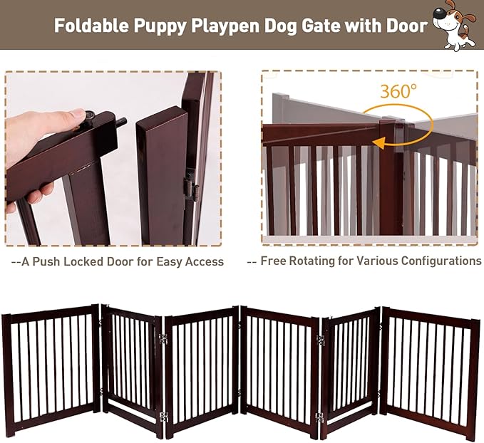 Dog Playpen, Extra Wide Dog Gate Indoor with Gate Latch, Folding Stair Gates Pet Fence Enclosure Cat Puppy Exercise Playpen Indoor Pet Crate Cage Barrier Kennels for Small/Medium Dogs