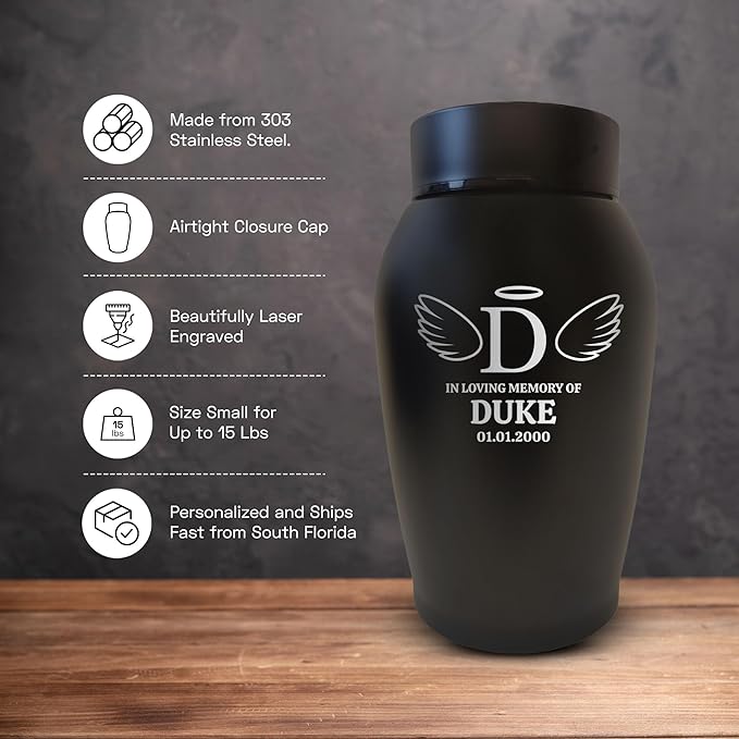 Personalized Custom Small Keepsake Urn Engraved with Pet Name, Date, and Dog Design - 5.2" Black Powder Coated Steel Cremation Urn for Dogs Ashes | 12-16 lb Capacity, Wings and Halo