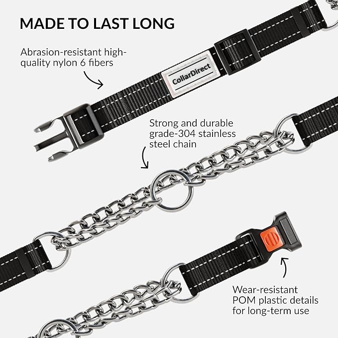 CollarDirect Martingale Dog Collar with Stainless Steel Chain and Quick Release Buckle - Reflective Collar for Large, Medium, Small Dogs - Black, Medium (Neck Size 14"-17")