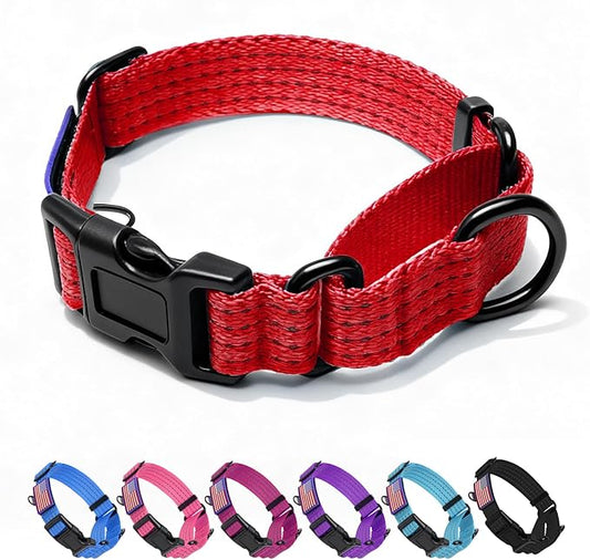 Martingale Dog Collar, Reflective No Pull Training Collar with Quick Release Buckle & USA Flag, Heavy-Duty Nylon, Adjustable for Small Medium Large Dogs, L,Red with Flag