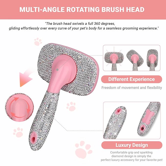Pet Grooming Brush with Ceramic Clay Craft & Diamond-Embedded Design - Washable, 360° Rotating Head for Dogs/Cats.Large 16x10cm
