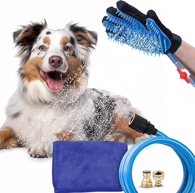 Dog Bath Glove & Sprayer – 3-in-1 Pet Bathing Tool for Washing, Scrubbing & Deshedding – Connects to Garden Hose – Adjustable Water Pressure – Easy Rinse Dog Shower – Gift for Dog Owners