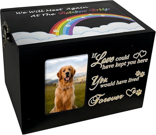 Sofunii Pet Urn for Ashes, Solid Wood Memorial Urn for Dogs & Cats, Rainbow Bridge Keepsake Cremation Box with Photo Frame, Pet Loss Remembrance Gift