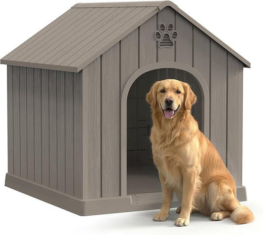 DRATO Indoor & Outdoor Dog Houses, Resin Material Dog House with Waterproof Roof and Raised Floor Design(Gray