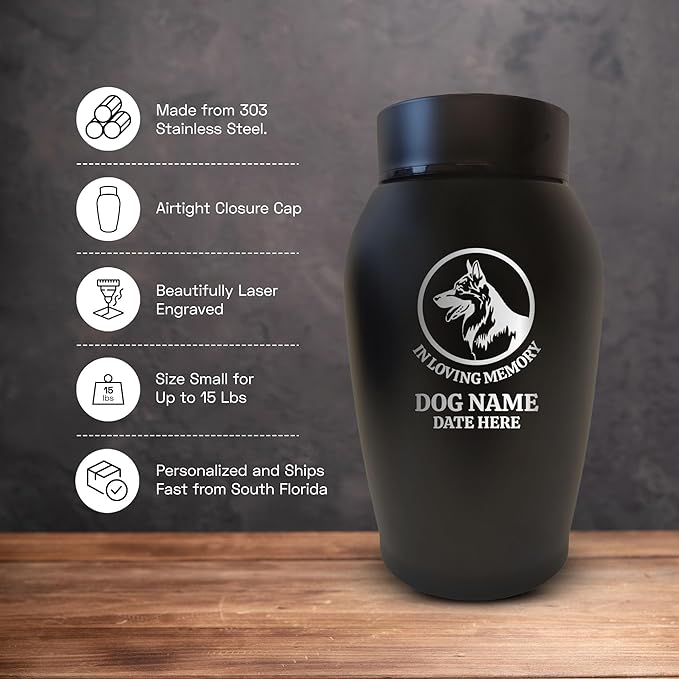 Personalized Custom Small Keepsake Urn Engraved with Pet Name, Date, and Dog Design - 5.2" Black Powder Coated Steel Cremation Urn for Dogs Ashes | 12-16 lb Capacity, German Shepperd Silhouette