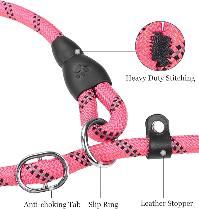 TagME Slip Leads for Dogs that Pull, 6 FT No-Pull Training Leash with Lock, Escape-Proof Design, Reflective & Padded Handle for Small Dogs, Pink