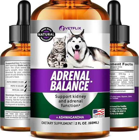 Adrenal Support for Dogs, Cats, Puppies and Kittens - Made in USA - Cushing's and Kidney Support Supplement - Natural Endocrine Health Formula - 2 Fl Oz
