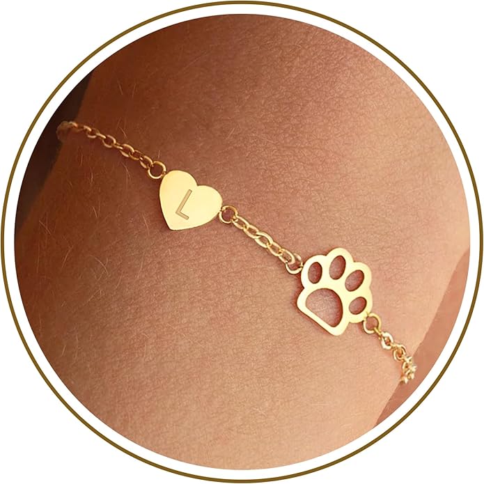 Dog Easter Mom Gifts for Dog Lover Initial Bracelet for Women with Heart Adjustable Pet Paw Gold Bracelets for Women Non Tarnish Memorial Gift for Pet Lover Birthday Jewelry